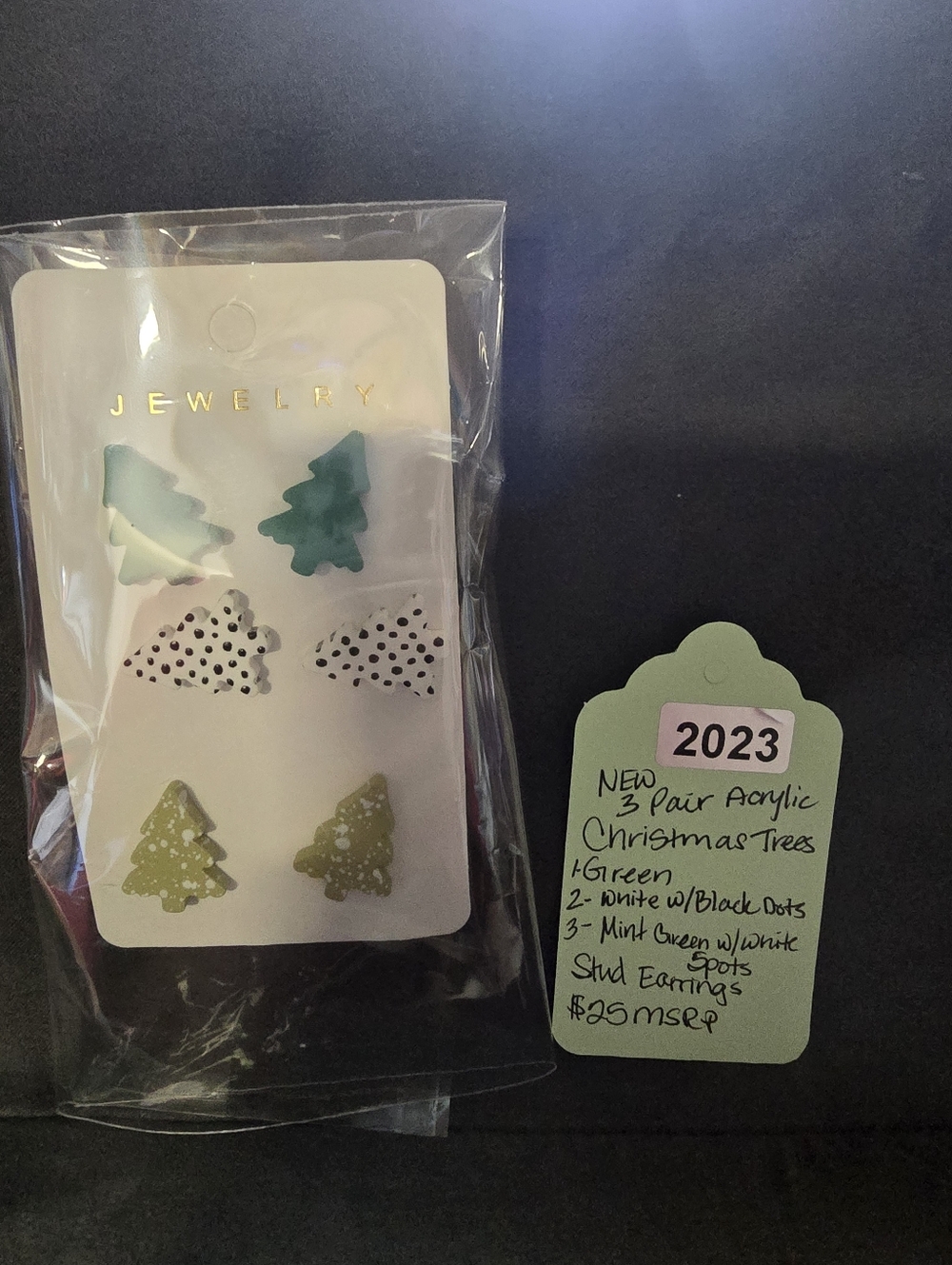 #2023 NEW 3 PAIRS OF TREE EARRINGS Acrylic: 1-Green 2-White&Blk Dots 3-Mint&Wht - Picture 3 of 5